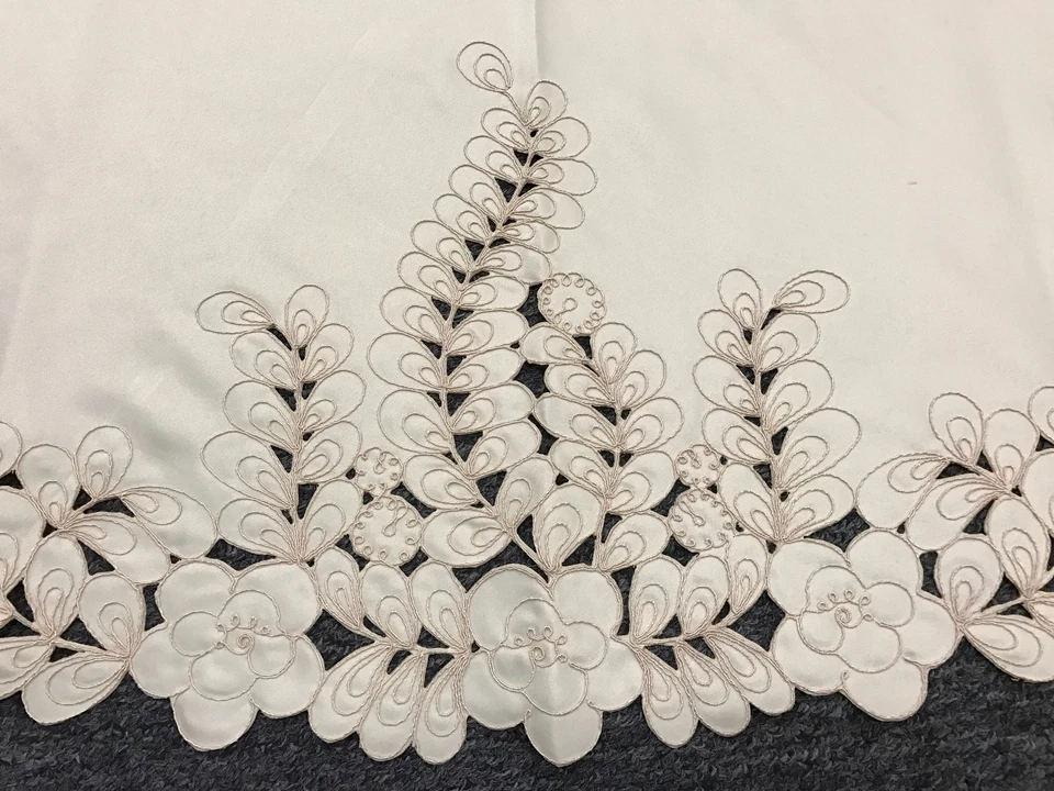 Solid Beige Fabric Cutwork Peacock Embroidery Tablecloth 58" Round Grantlinen - Image 4 of 4