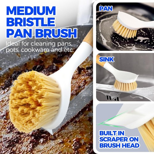 3 Pack Dish Scrub Brush with Wooden Handle for Pans Sink Pots Cast Iron Skillet - Picture 4 of 6