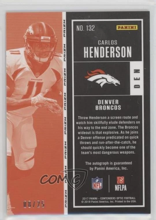 2017 Panini Contenders Optic Ticket RPS Blue /25 Carlos Henderson Rookie Auto RC - Image 2 of 2