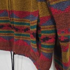 Brown, red, and blue Navajo-style wool hooded coat with black diamond patterns on front, made in USA.