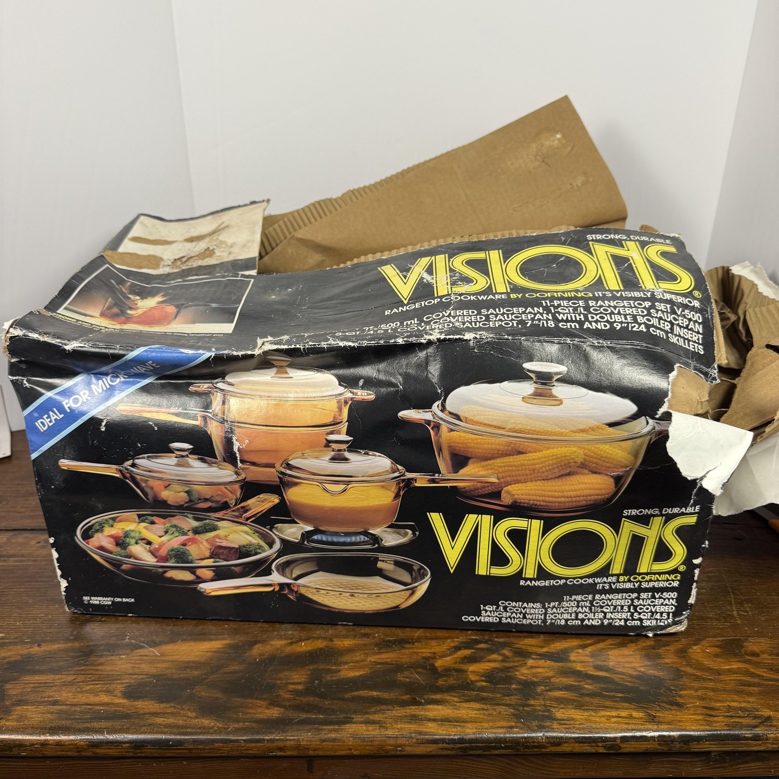 Vintage CorningWare Visions Rangetop Cookware Set Brown Glass Pots Lids USA 7 Pc