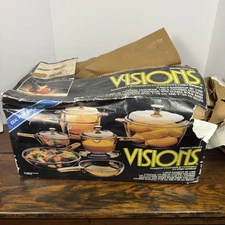 Vintage CorningWare Visions Rangetop Cookware Set Brown Glass Pots Lids USA 7 Pc