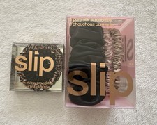5 Slip Pure Silk Scrunchies- 1 Large Black  4 Skinny-Pink Caramel Black Leopard