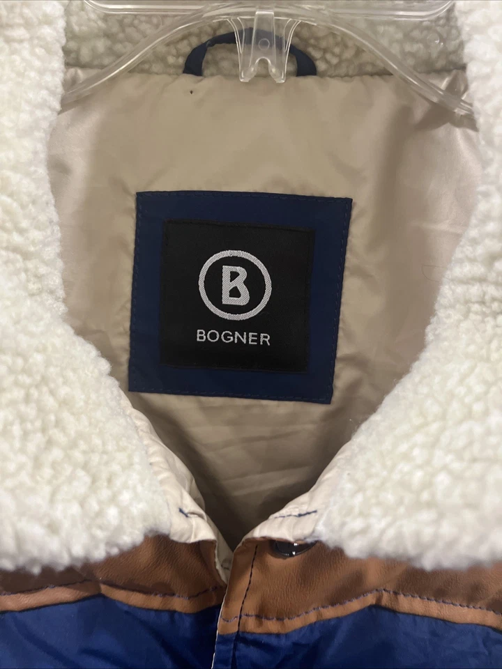 Chaleco acolchado BOGNER cuello de piel imitación cuero inserciones botón a presión delantero 46" pecho Foto 3 de 4