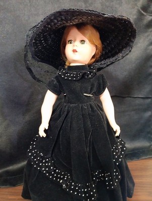 Vintage 16.5'' HP Doll In Gorgeous Velvet Dress & Straw Hat, Open & Shut Eyes