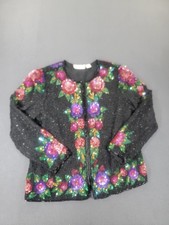 Vintage Laurence Kazar Jacket Womens XL Black Silk Beaded Sequin Floral 90s