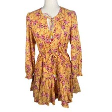 Farm Rio Tropical Floral Mini Dress Womens S Yellow Cotton Boho Beaded Tassel