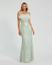 Mac Duggal 20890 Mint Green Strapless Feather Bustier Gown with Embroidery sz 8