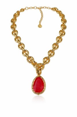Karine Sultan 24k Gold-Plated Vivid Red Gem Luxurious Link Necklace New