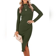 New Green Sweater Dress Side Slit Mock Turtleneck Bodycon Dress Size XL
