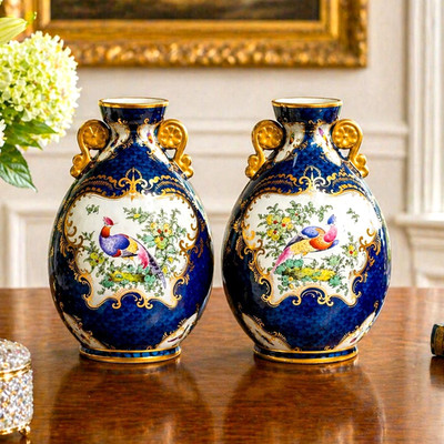 Nice Pair Blue Gold English Royal Worcester Porcelain Antique Victorian Vases
