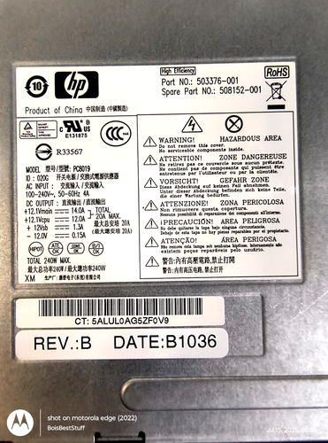 Alimentation HP PC8019 240W SFF 503376-001 Rev B OEM pour PC de bureau - Photo 2/15