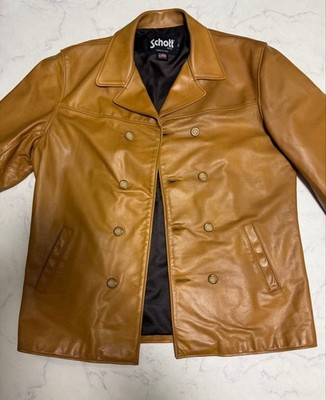 Schott Double Breasted Leather Jacket XXL Camel Brown USA Made Recolored Vintage