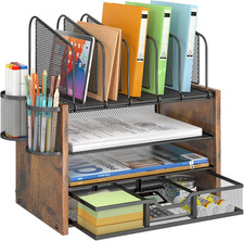 4-Tier Mesh Desk Organizer, Wooden Desk File Organizer with 5 Vertical File Hold