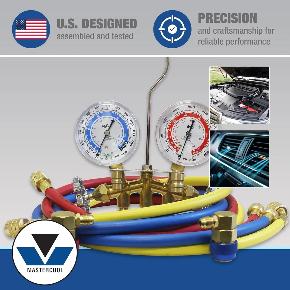 Conjunto coletor de latão Mastercool 66661 R134A, mangueiras 60" para R134a - EUA Montado - Imagem 2 de 4