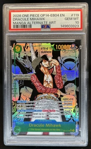 2026 One Piece Dracule Mihawk Secret Rare Manga Alt Art #OP14-119 PSA 10