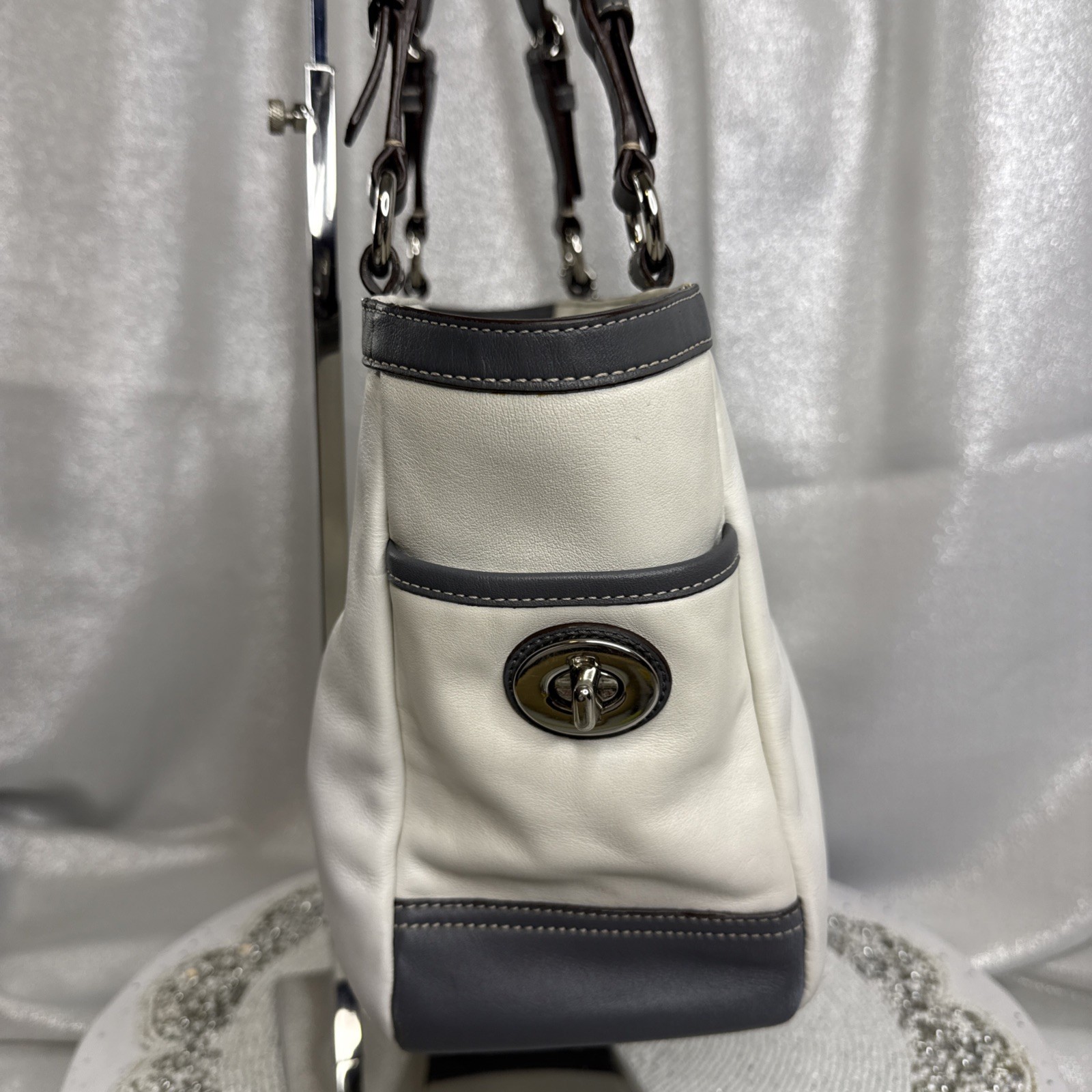 Coach East West Gallery Leather White & Grey Pleated Tote Handbag Purse