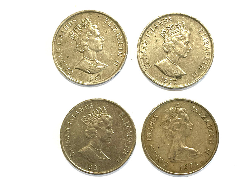4 Cayman Islands 25 Cents (Two Masted Cayman Schooner) Coin.