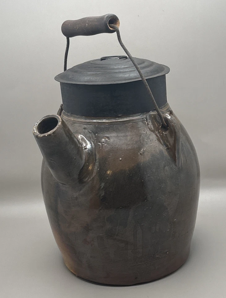 Primitive Stoneware Batter Jug Crock Metal Lid Wood Handle Brown Glaze - Image 2 of 4