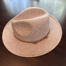 Unisex Wide Brim Fedora Hat Tan/Beige Felt Panama Hat with Leather Band Trim