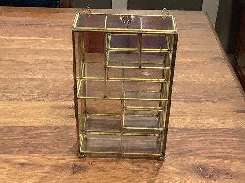 VTG BRASS & MIRRORED GLASS TABLETOP/WALL MOUNT MINI CURIO CABINET 10" - MINT