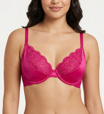M & S Satin Bra 32C Pink Lace Trim Underwired Full Cup Support Lingerie NWT