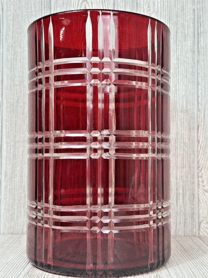Pottery Barn Red Stewart Plaid Cut Glass Hurricane Candle Holder 11" Tall Large - Image 3 of 4