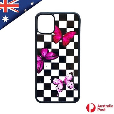 Pink Butterfly Checkerboard Case Cover iPhone 11 Pro Max XS XR SE 2020 7 8 Plus