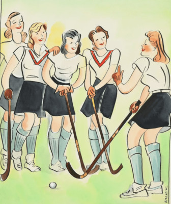 Feldhockey, 1942 | Aquarell von Max Bauer, Entwurf für die Fliegende Blätter ...
