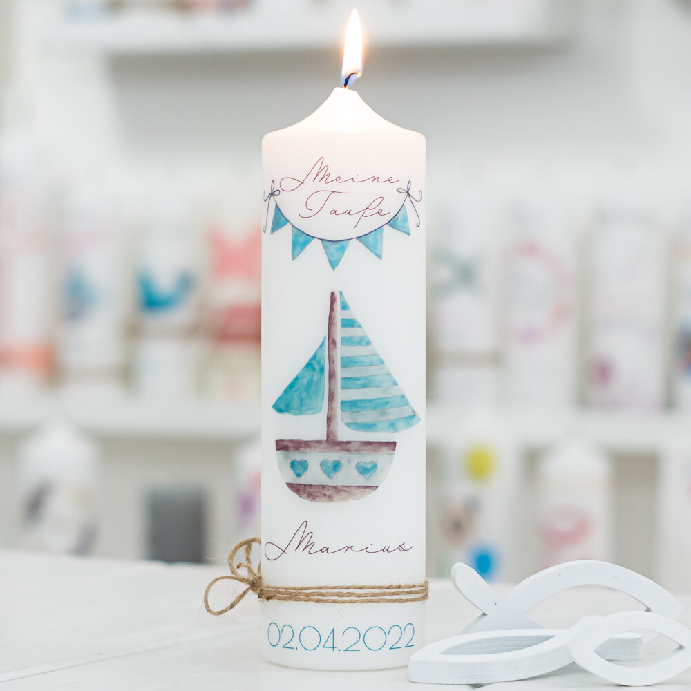 meinkerzenshop® Taufkerze mit Designdruck BOOT für Junge und Mädchen