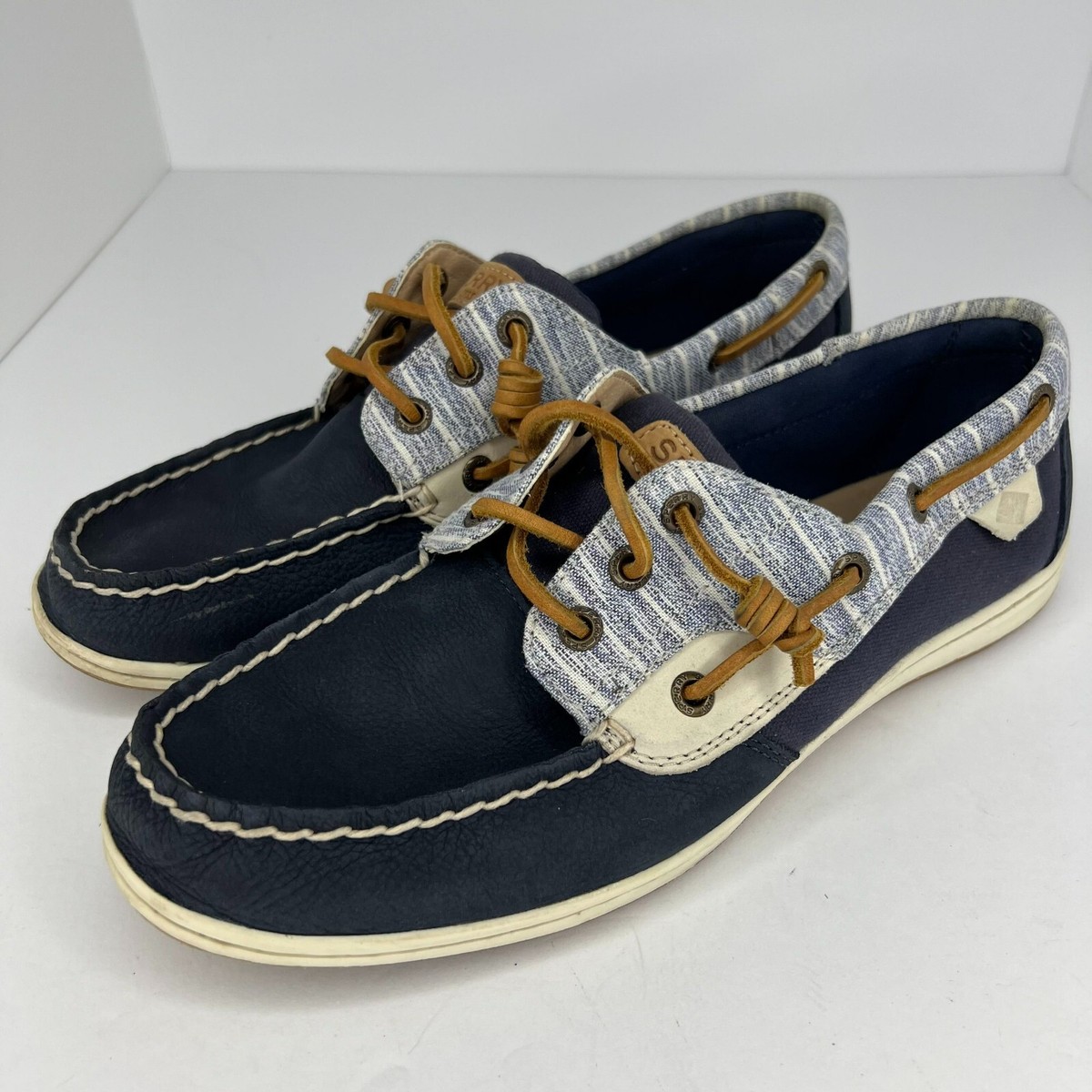 Sperry Womens STS81611 Blue Painterly Stripe Leather Top Sider Size Boat  Shoes