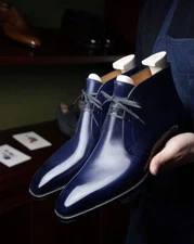 Men Handmade Genuine Blue Leather High Ankle Oxford Lace up Formal Dress Boots