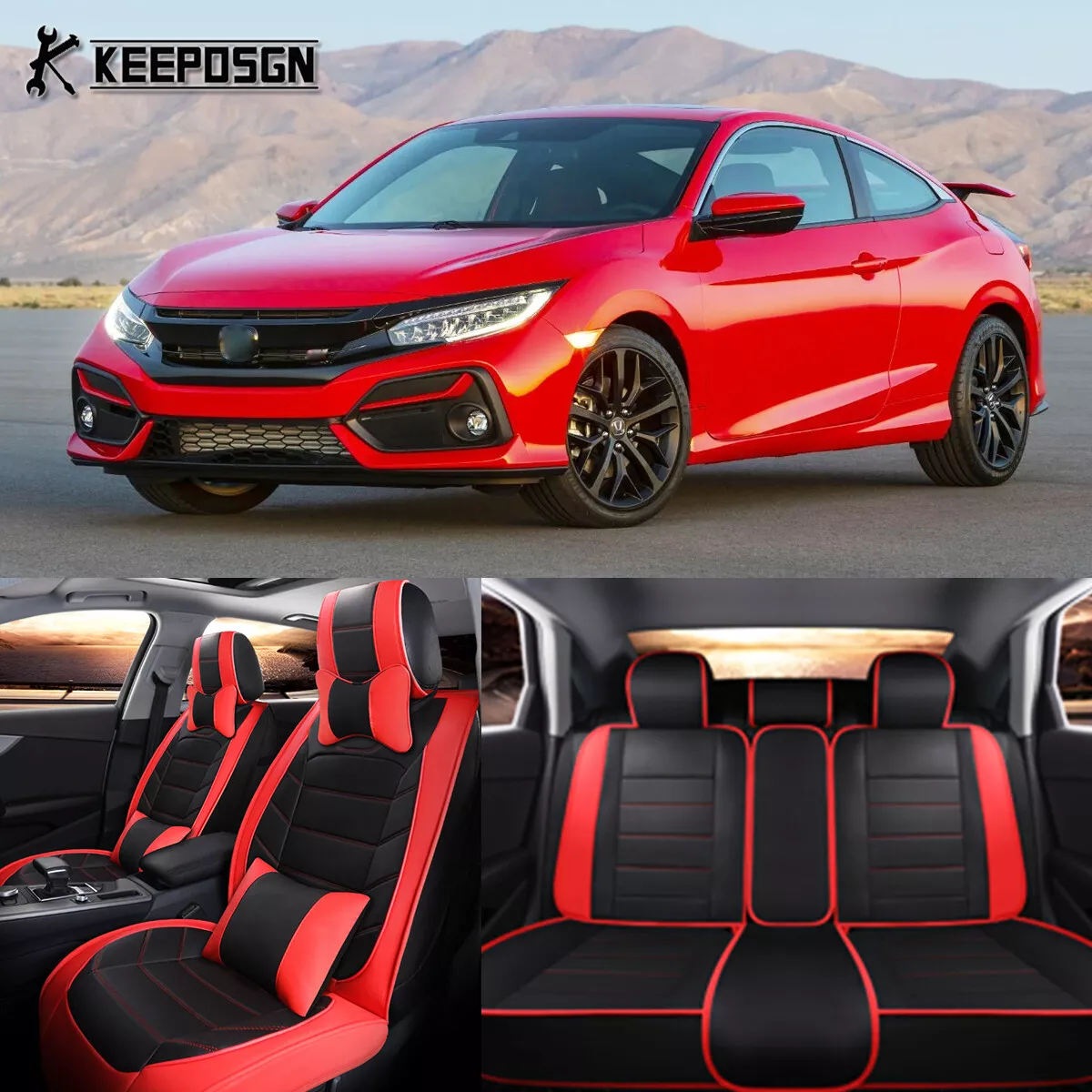 For Honda Civic Si Red Leather Seat Cover 5 Seat Full Set Front