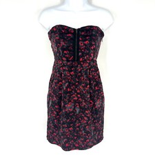 SILENCE + NOICE UO Black Red Floral Sweetheart Mini Dress Size XS Zip Satin