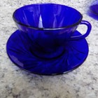 Cobalt Blue Glass Swirl Tea Punch Cups & Saucers Duralex Vereco France Set of 8