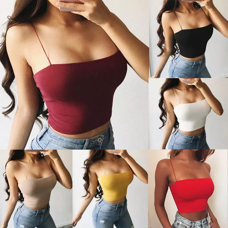 Women Solid Cami Crop Tank Top T-Shirt Racer Back Spaghetti Strap