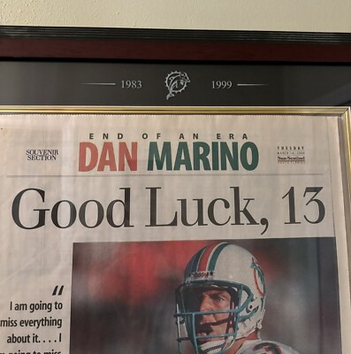 Dan Marino Retirement 29” x 20” Framed Newspaper The Sun Sentinel