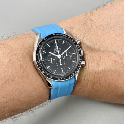 Omega Seamaster 20mm× 18mm BLUE Fabric 20mm Aqua Light Blue rubber Strap Band Omega Seamaster Speedmaster