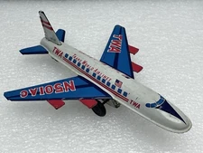 VINTAGE 7" TIN FRICTION AIRPLANE TOY - TRANS WORLD AIRLINES TWA N501AC JAPAN