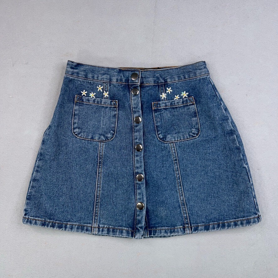 BDG Skirt Women Small Jean Denim Floral Embroidery Button Front Y2K Urban Outfit