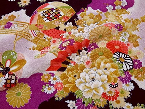 Tela kimono Kyoto Ichikoshi Chirimen 19,7 x 27,6 pulgadas abanicos de flores negro Japón - Imagen 1 de 3
