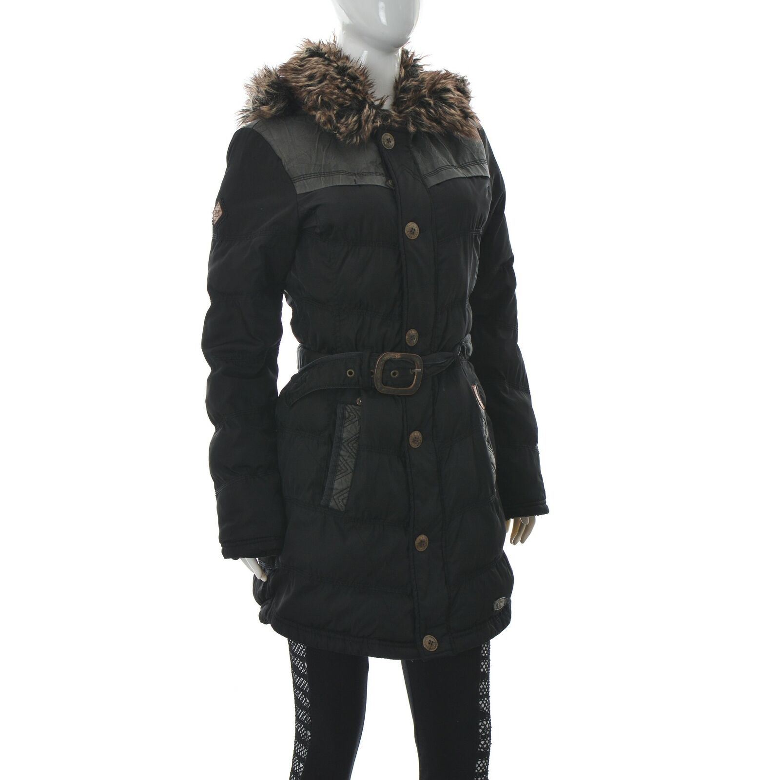 Khujo Women Quilt Puffer Long Coat FauxFur Hood Winter Jacket Black S Authentic eBay