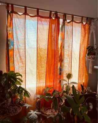 2 Pcs Indian Sari Patchwork Curtain Drape Window Decor Orange Silk Sari Curtain