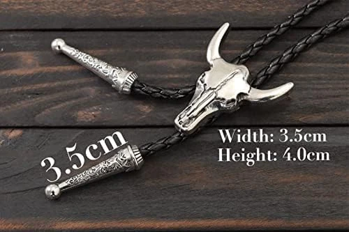 Western Vintage Bolo Tie for Men - Cow Skull Design Cowboy Tie - Black Leather B