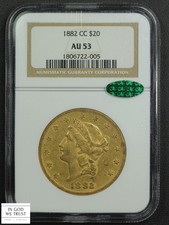 1882 CC Carson City Twenty Dollar Liberty Head Gold Double Eagle NGC AU 53 CAC