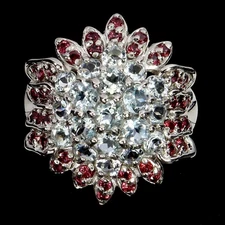 925 Sterling Silver Ring Round Aquamarine Rhodolite Natural Gemstone Size 8.5