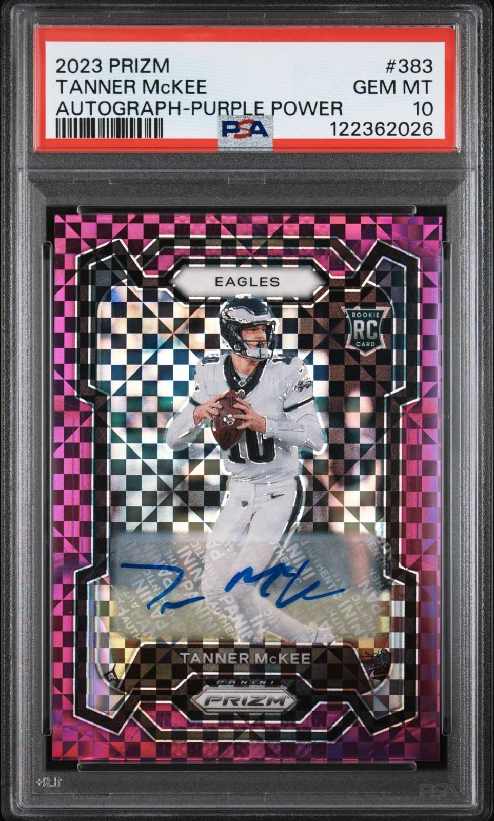 2023 Tanner McKee Prizm Purple Power Auto /49 Rookie PSA 10 #383 Eagles POP 1