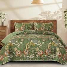 Quilt Set Queen Size, Green Botanical Bedspread Bedding Set, 3 Pieces Floral Qui