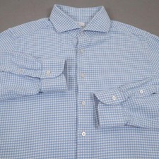 Emanuel Berg Flannel Button Shirt Mens XL Blue Gingham Check Modern Long Sleeve