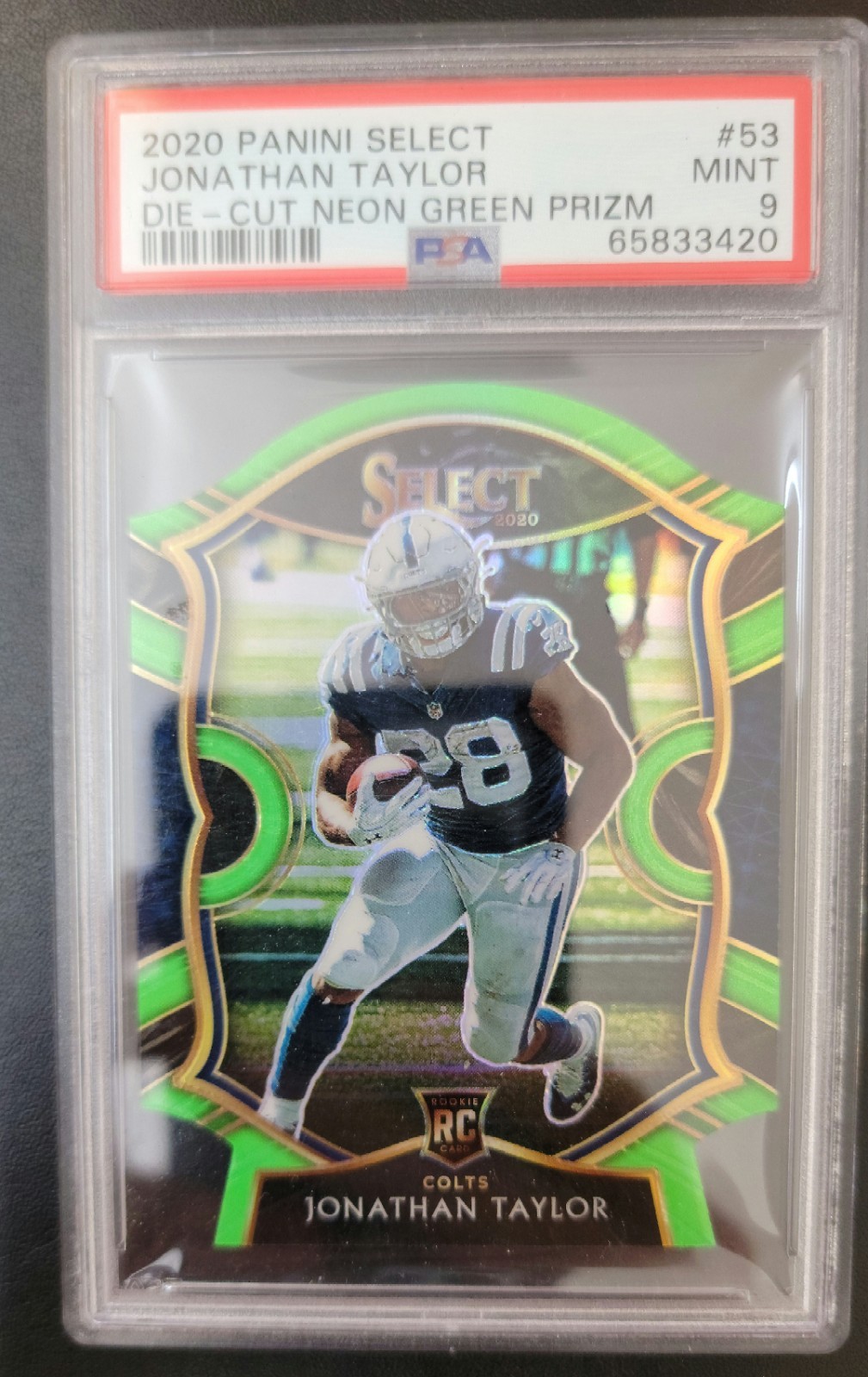2020 Select Concourse Jonathan Taylor Neon Green Prizm Die-Cut PSA 9 Colts